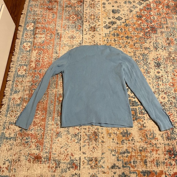 Lands End blue ribbed cotton sweater crewneck with sleeve button detail - Picture 5 of 8